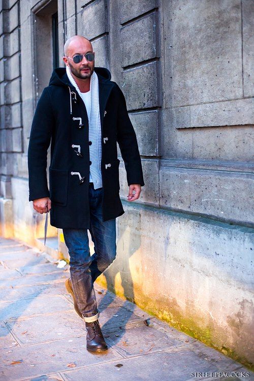 Black duffle coat.