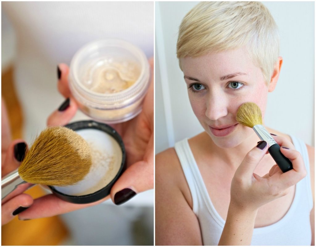 Applying mineral powder to the face.