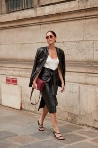 Leather midi skirt and coat