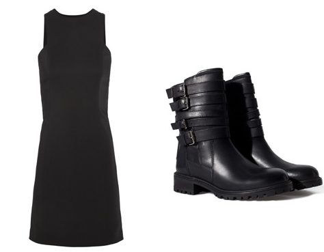 Schwarzes Kleid und derbe Stiefel.